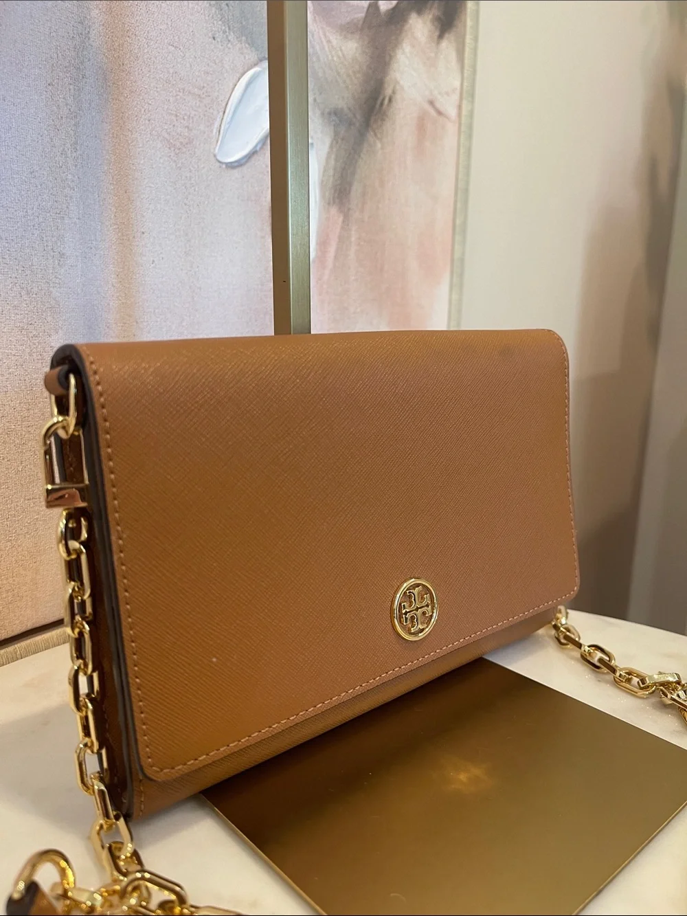 NWOT Tory Burch Tan Clemente Saffiano Leather Crossbody with Gold Logo